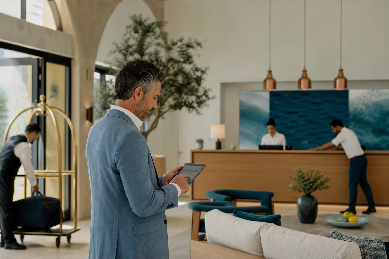 Independent hotel manager reviewing guest experience information during daily operations