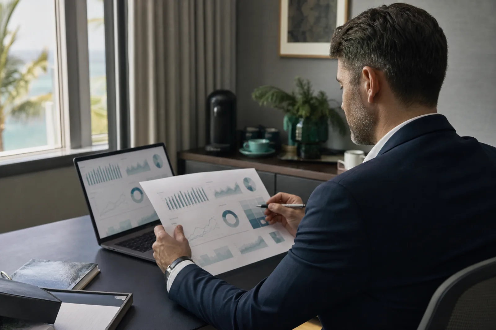 Hotel manager reviewing guest satisfaction trends in a weekly operational report