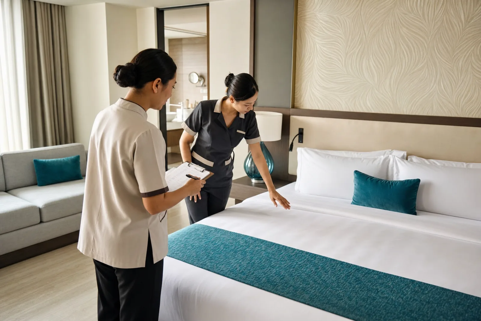 Housekeeping supervisor and room attendant performing a hotel room quality inspection